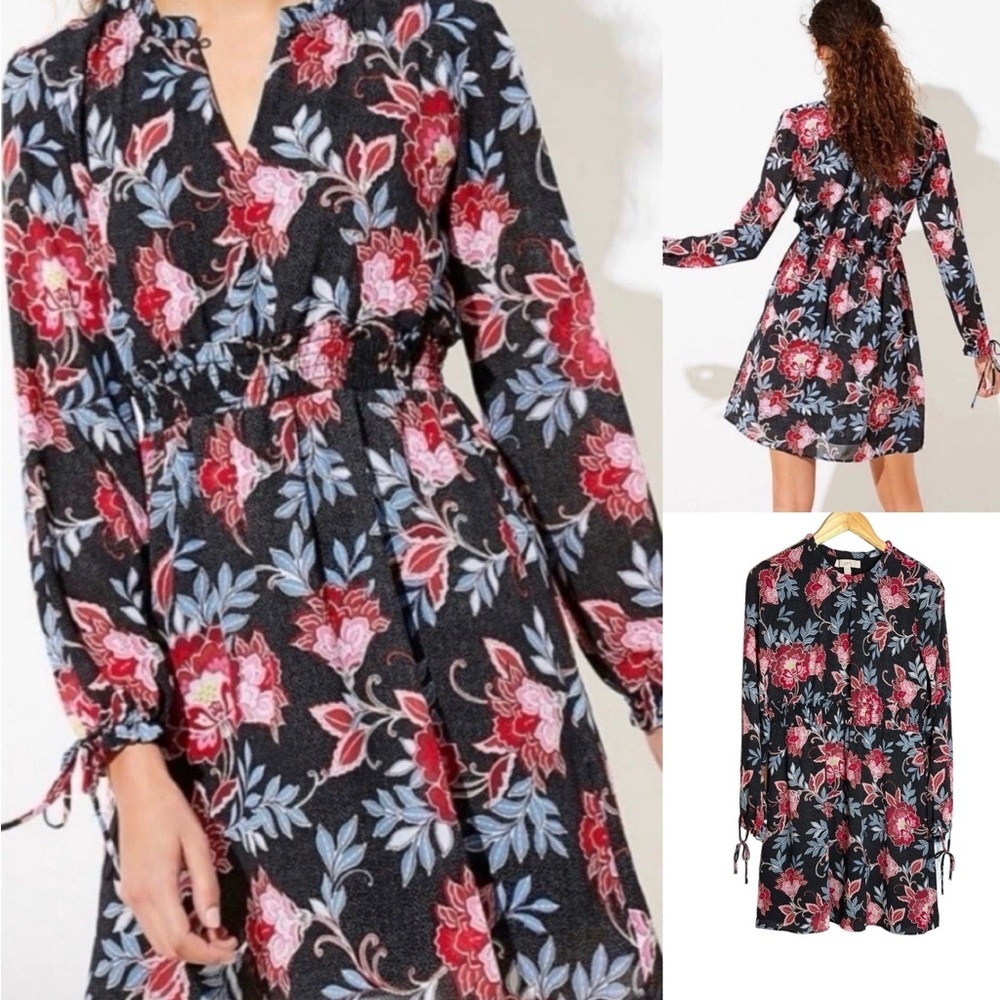 LOFT Floral Blouson Dress Size 10 Keyhole Neck Lined Elastic Waist Tie Sleeve